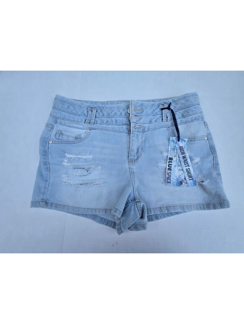 NEW Blue Spice Women's High Waist Distressed Light Blue Denim Shorts Size 9